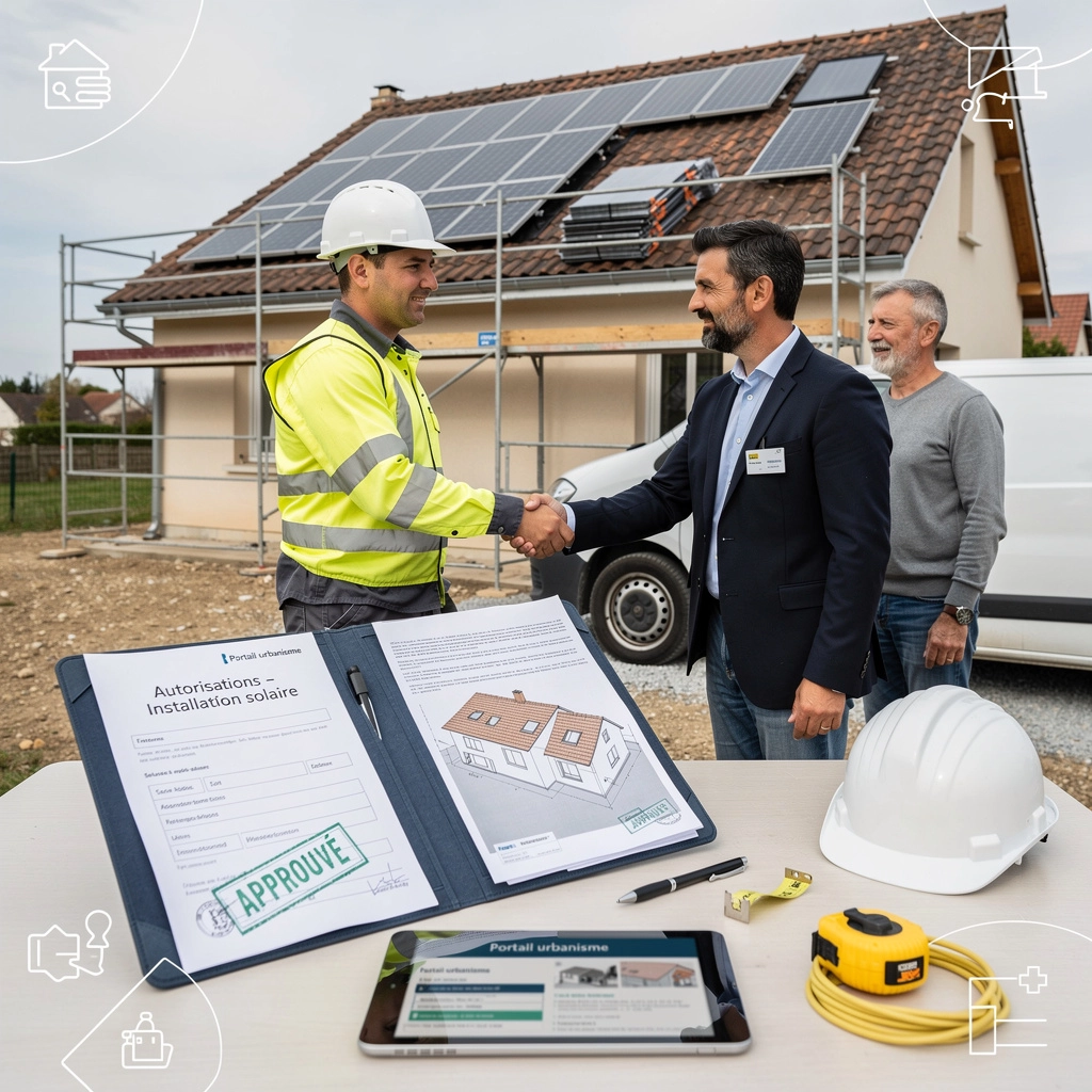 Deux hommes et un chef de chantier discutent de l'installation de panneaux solaires